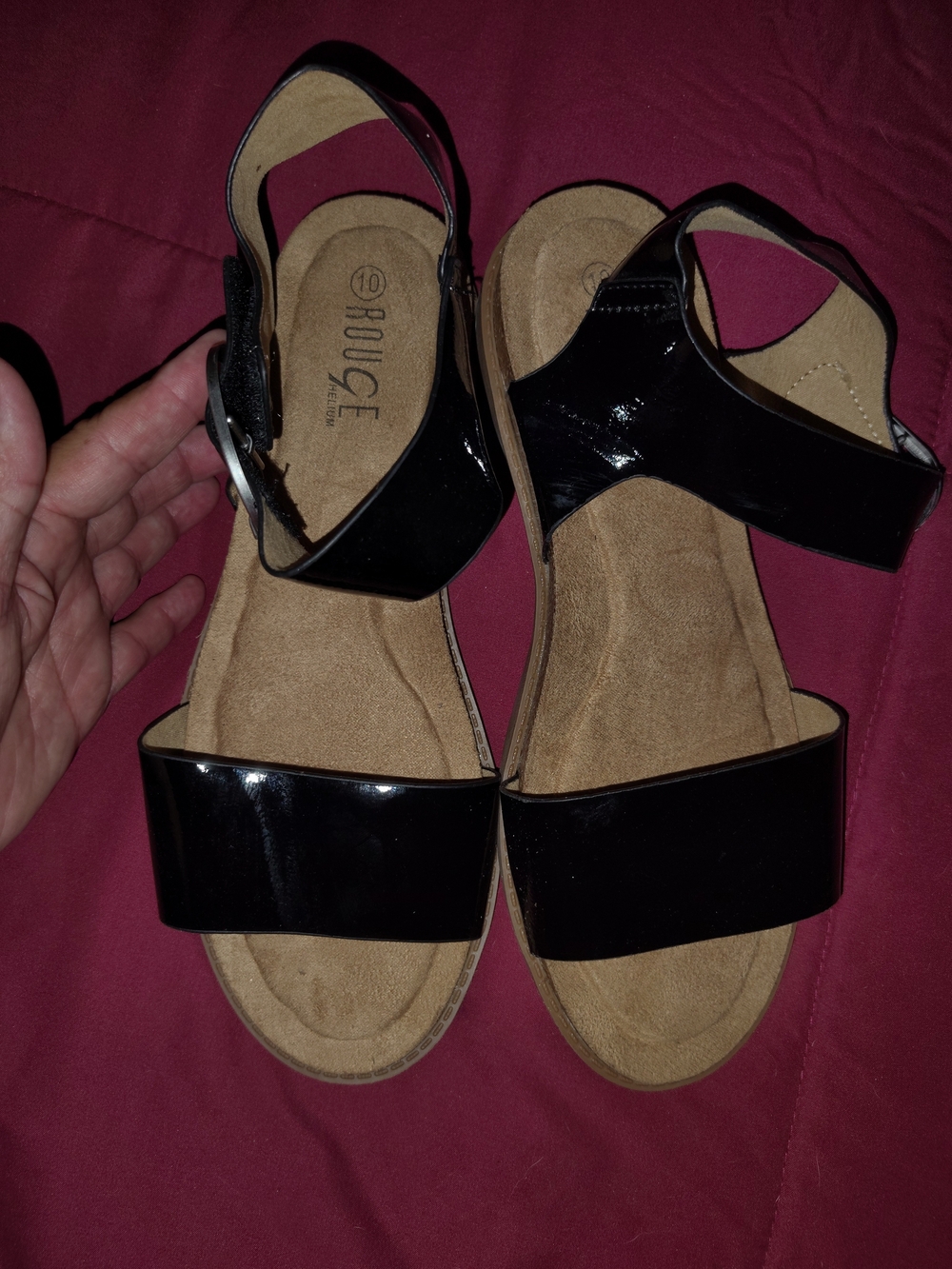 Rouge Helium Patent Strap Wedge Sandals Black & Brown US 10M